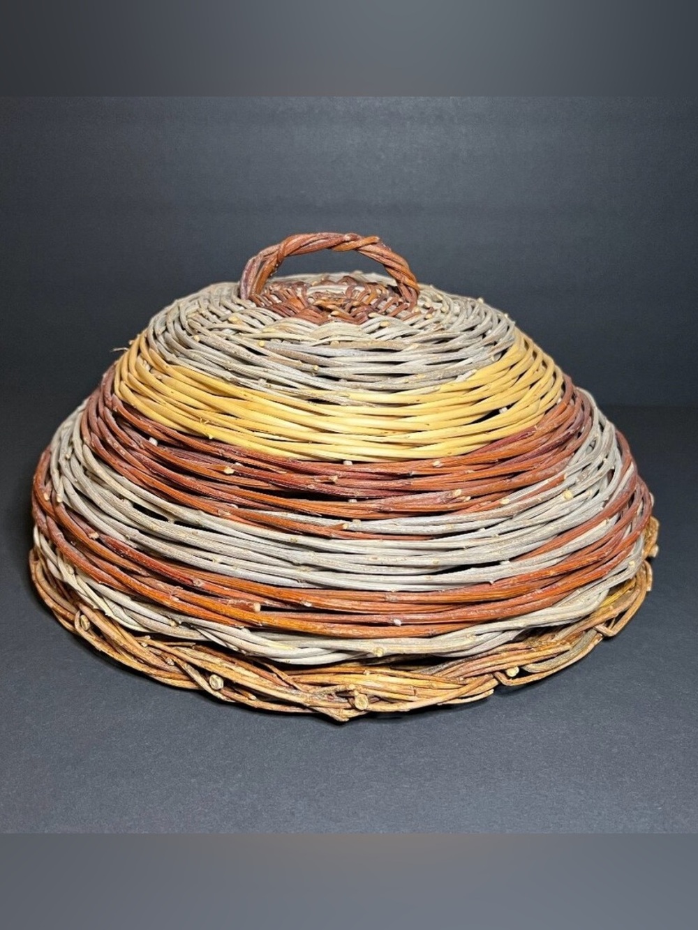 Woven Wicker Rattan Multi-Color Striped Food Cover w/ Base & Handle 13 x 6"